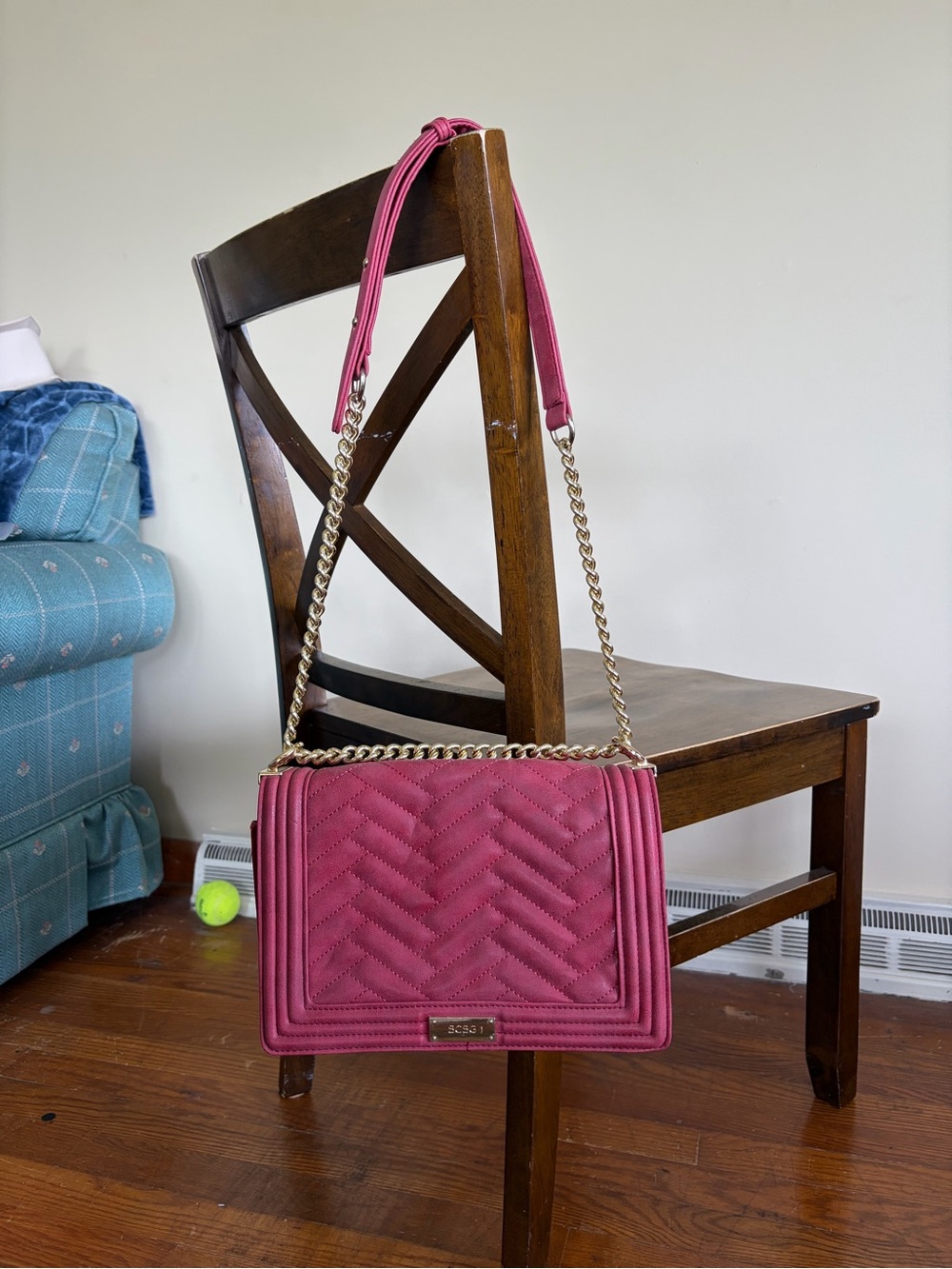 BCBG Paris Quilted Shoulder Bag - Deep Red with Gold Chain